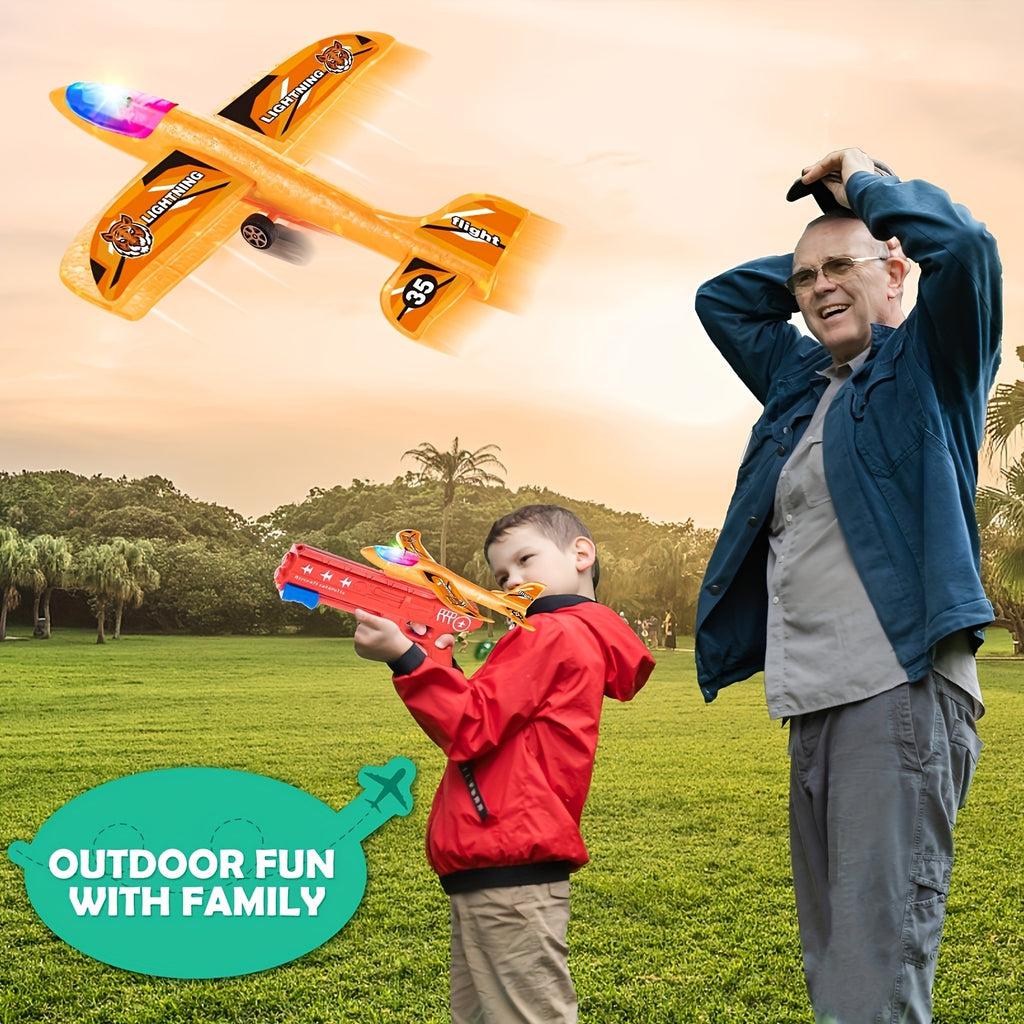 Airplane Launcher Toy 3 Planes 1 Shot – 2 Flight Modes Outdoor Flying Game with Customizable Stickers for Kids Ages 3-12 Birthday Christmas Gift