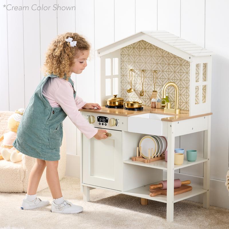 Farmhouse Play Kitchen by Best Choice Products, Wooden Pretend Cooking Set with Chalkboard, Storage Shelves and 5 Accessories for Kids Ages 3+