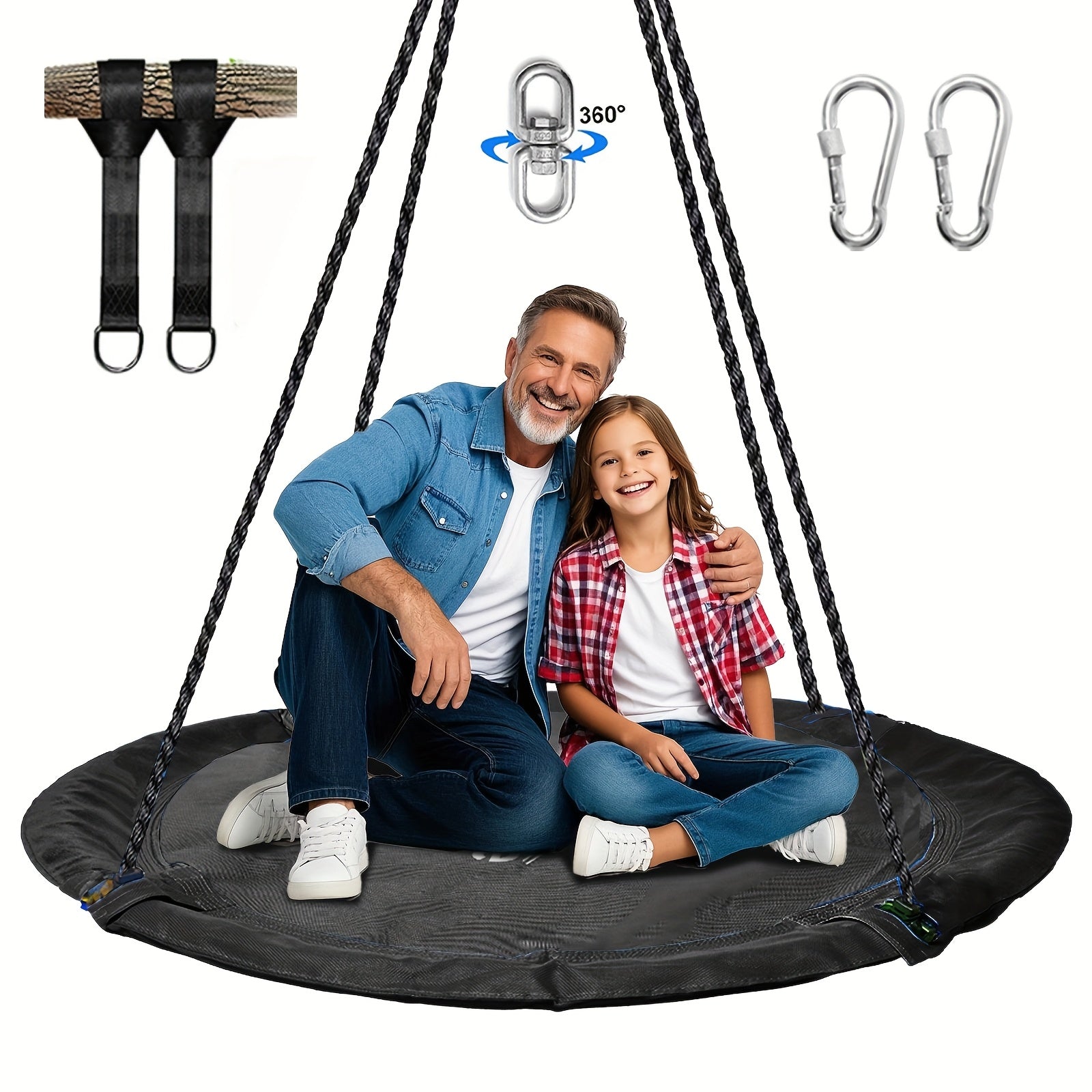 43" Large Saucer Swing for Kids, 360° Rotating Spinner Swing with Swivel, Adjustable Ropes & Hanging Straps, Outdoor Tree or Swing Set Accessory, Durable Round Disc Swing for Playground Backyard, Birthday Gift