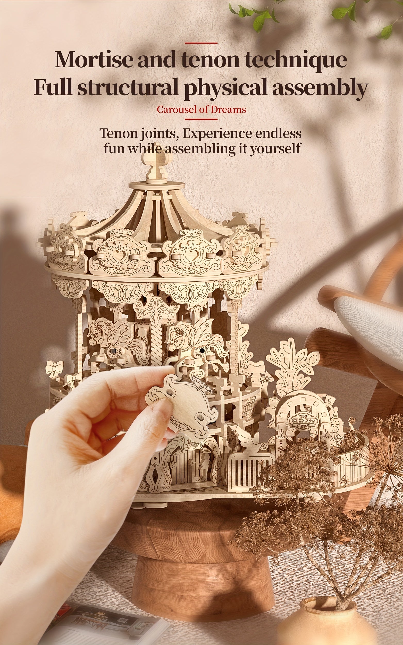 3D Wooden Puzzle Musical Carousel – Intricate DIY Model Kit Display Gift for Teens Adults Men Women Families Christmas Birthday