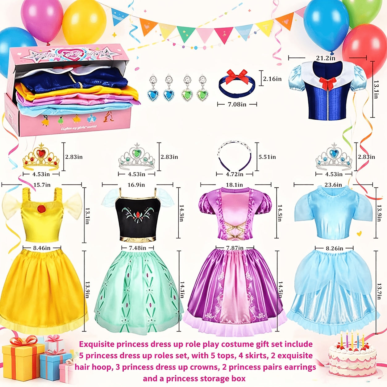 Princess Dress Up Costume Set for Girls 14-Piece, 5 Outfits with Crowns Earrings & Storage Box, Birthday Halloween Gift for Girls Ages 3-6