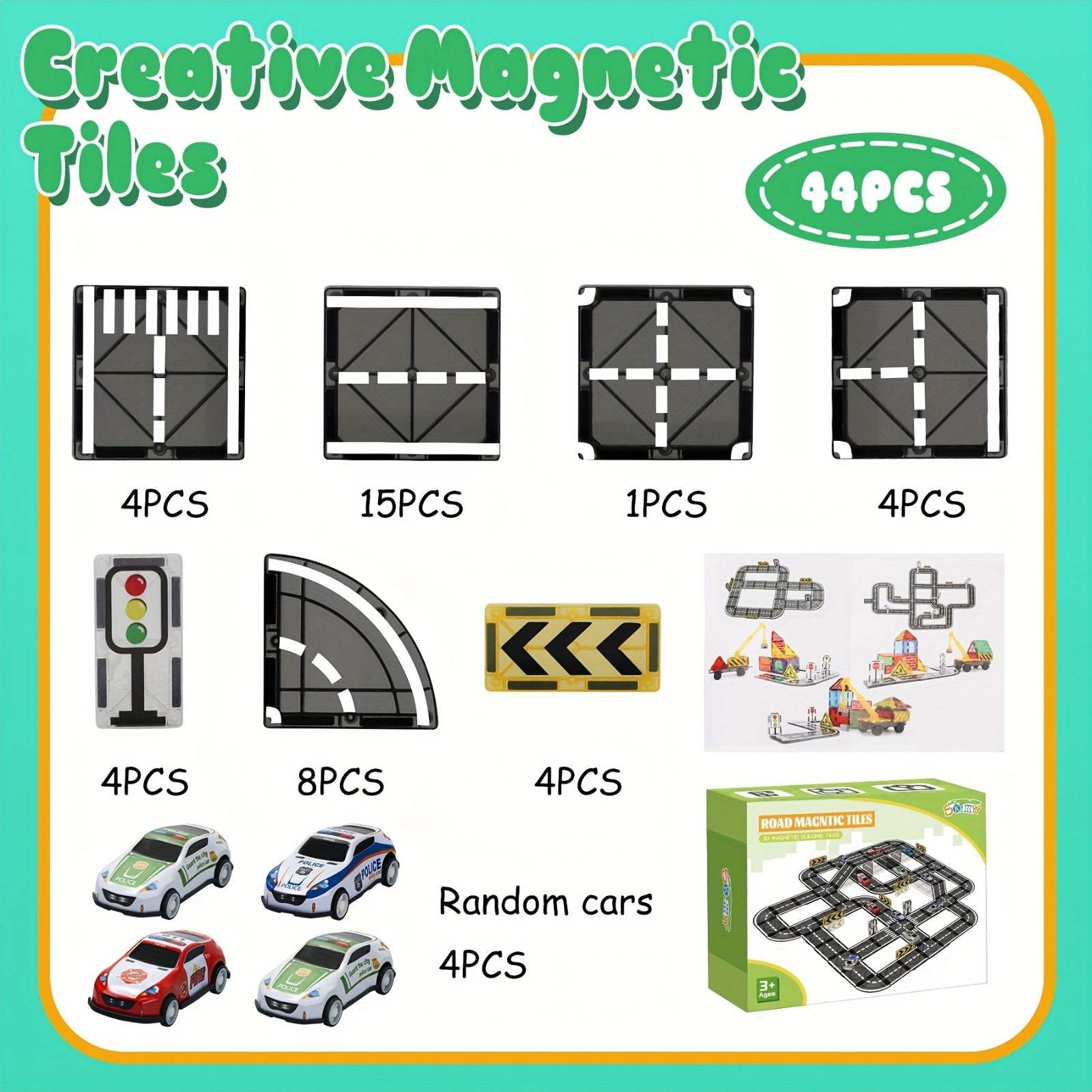 Magnetic Track Set for Small Cars 44 48 121pcs STEM Educational Building Blocks Road Layout Toy for Boys Girls Ages 3+ Birthday Christmas Gift