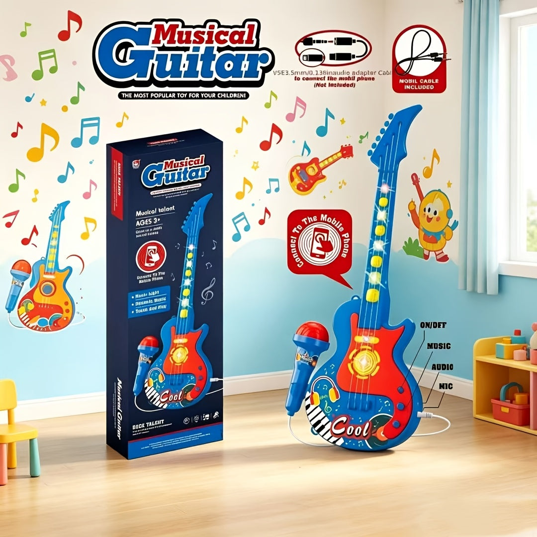 Kids Electric Guitar Toy with Microphone - Lights & Sound, Musical Instrument Toy for Boys & Girls, Beginner Guitar, Birthday Gift, Black Blue Pink