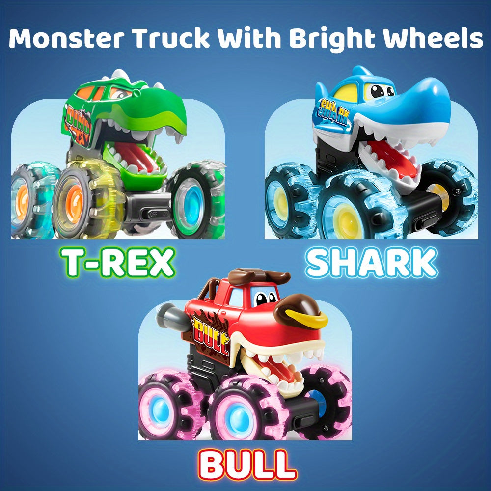 Monster Truck Toys for Toddlers 3 Pack – LED Light-Up Animal Trucks with Press & Go, Chomping Action – Shark, Bull & T-Rex Glow Cars, Easter Birthday Gift for Boys & Girls Ages 1.5+