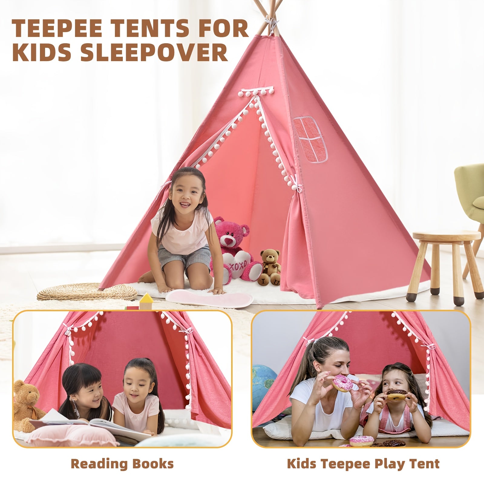 Kids Teepee Tent for Girls Boys, Indoor Outdoor Play Tent with Washable Fabric, Nordic Princess Conical Playhouse for Bedroom Backyard, Birthday Christmas Gift Ages 3+ (No Padding)