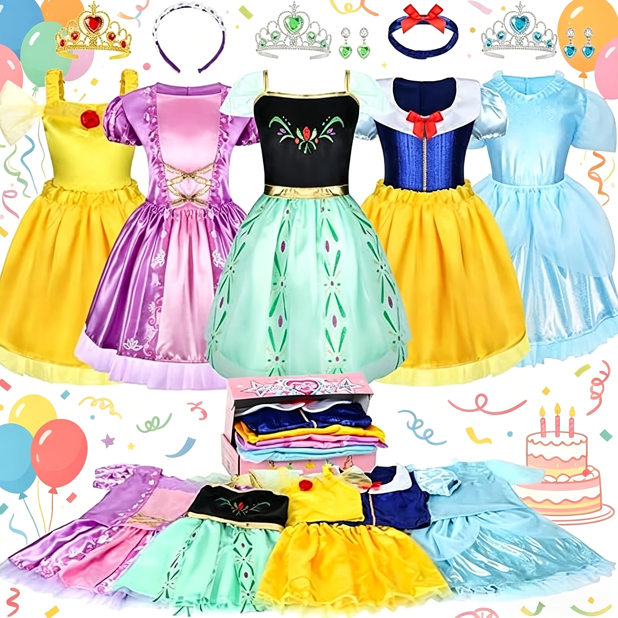 Princess Dress Up Costume Set for Girls 14-Piece, 5 Outfits with Crowns Earrings & Storage Box, Birthday Halloween Gift for Girls Ages 3-6