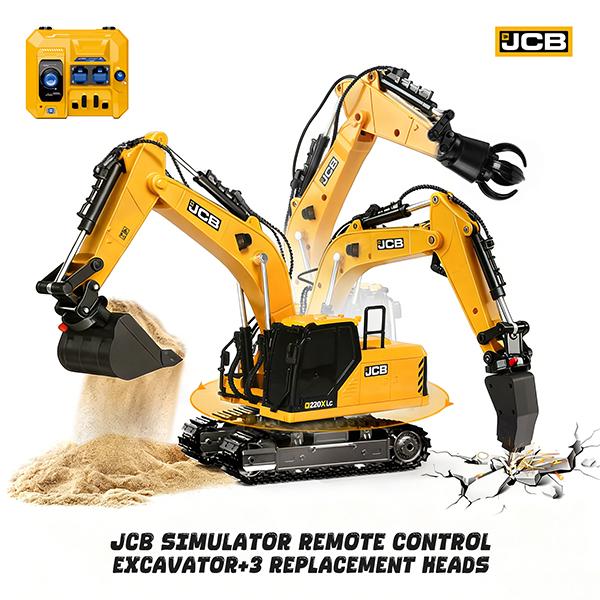 3-in-1 RC Excavator Toy, 14-Channel Remote Control Construction Vehicle with Drill Bit, Grab Bucket, Digging Hook, Lights and Sounds for Kids and Adults