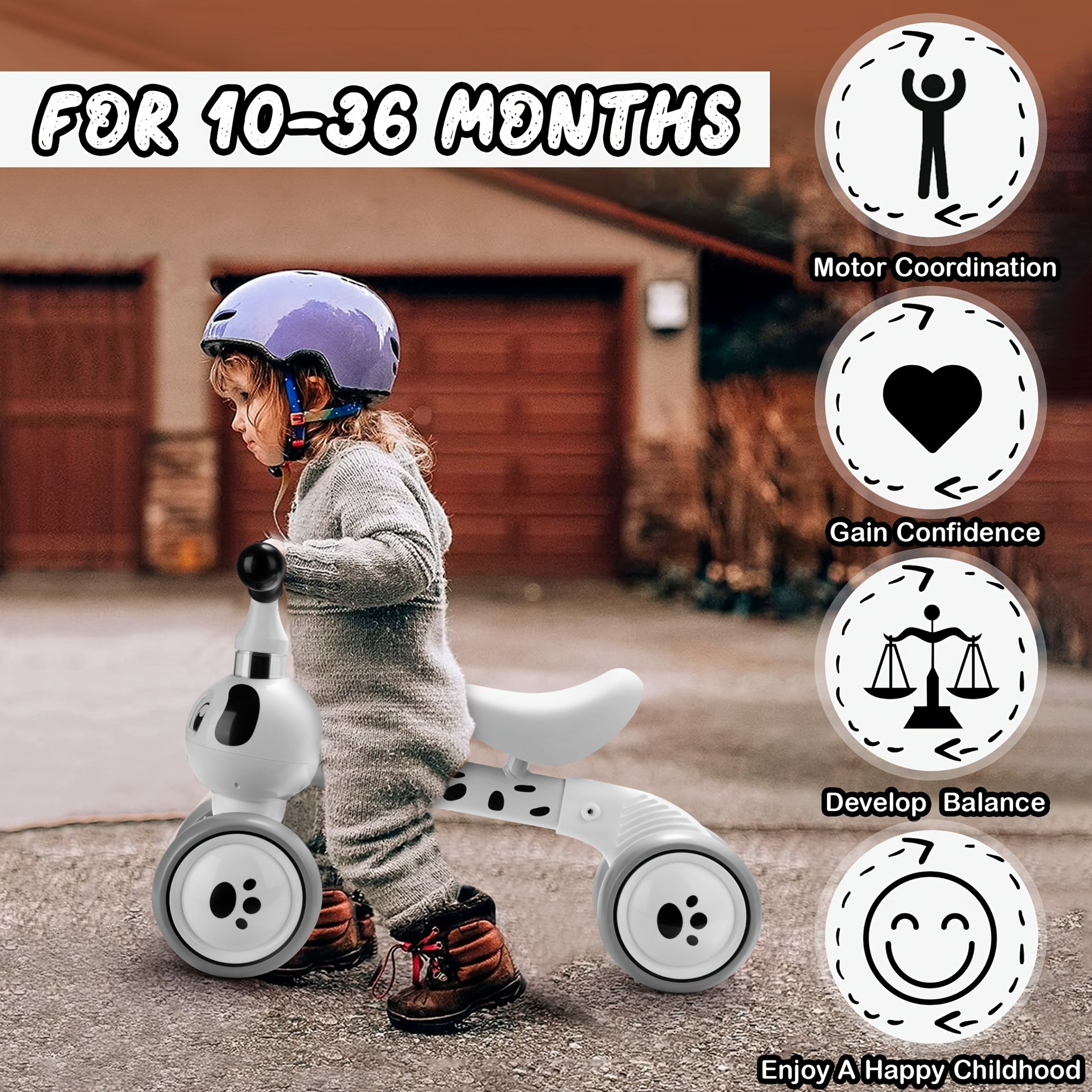Toddler Balance Bike 10-36 Months – 4 Wheel No Pedal Baby Ride On Toy, Dalmatian Dog Style, Adjustable Seat & EVA Wheels – Best First Birthday Gift for Baby Boys & Girls