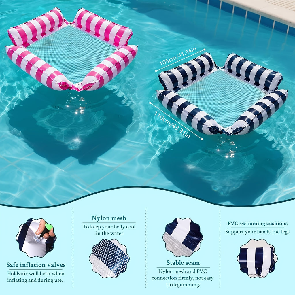 Inflatable Pool Float Bed with Cooling Mesh for Adults – Striped Foldable Floating Lounger Chair 43in, Beach Vacation Essential, 2 or 3 Pack