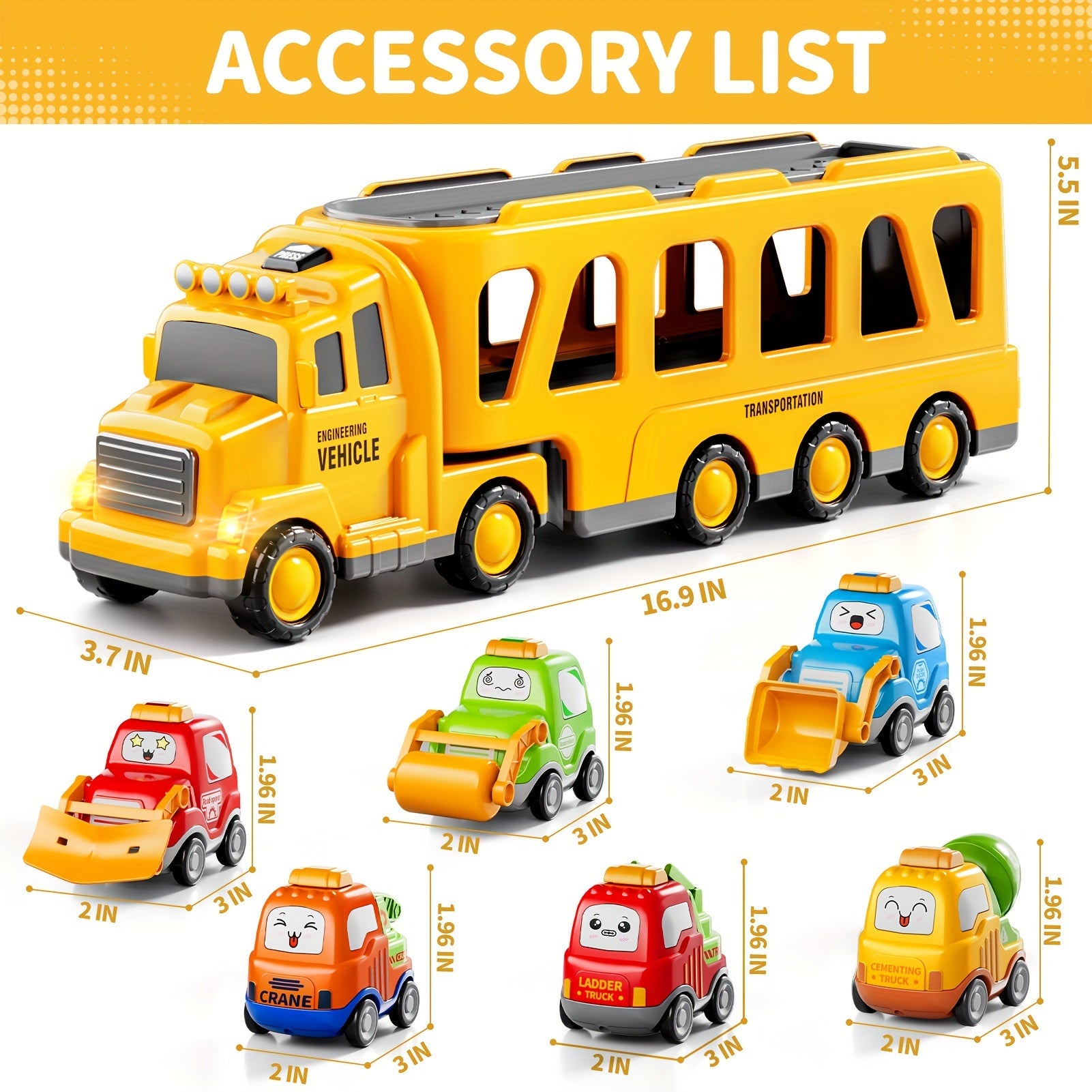 Transport Carrier Truck Toy 16.9 Inch with 6 Mini Cars Lights Sounds Construction Vehicle Playset for Kids Boys Girls Toddlers Ages 3+ Birthday Christmas Gift