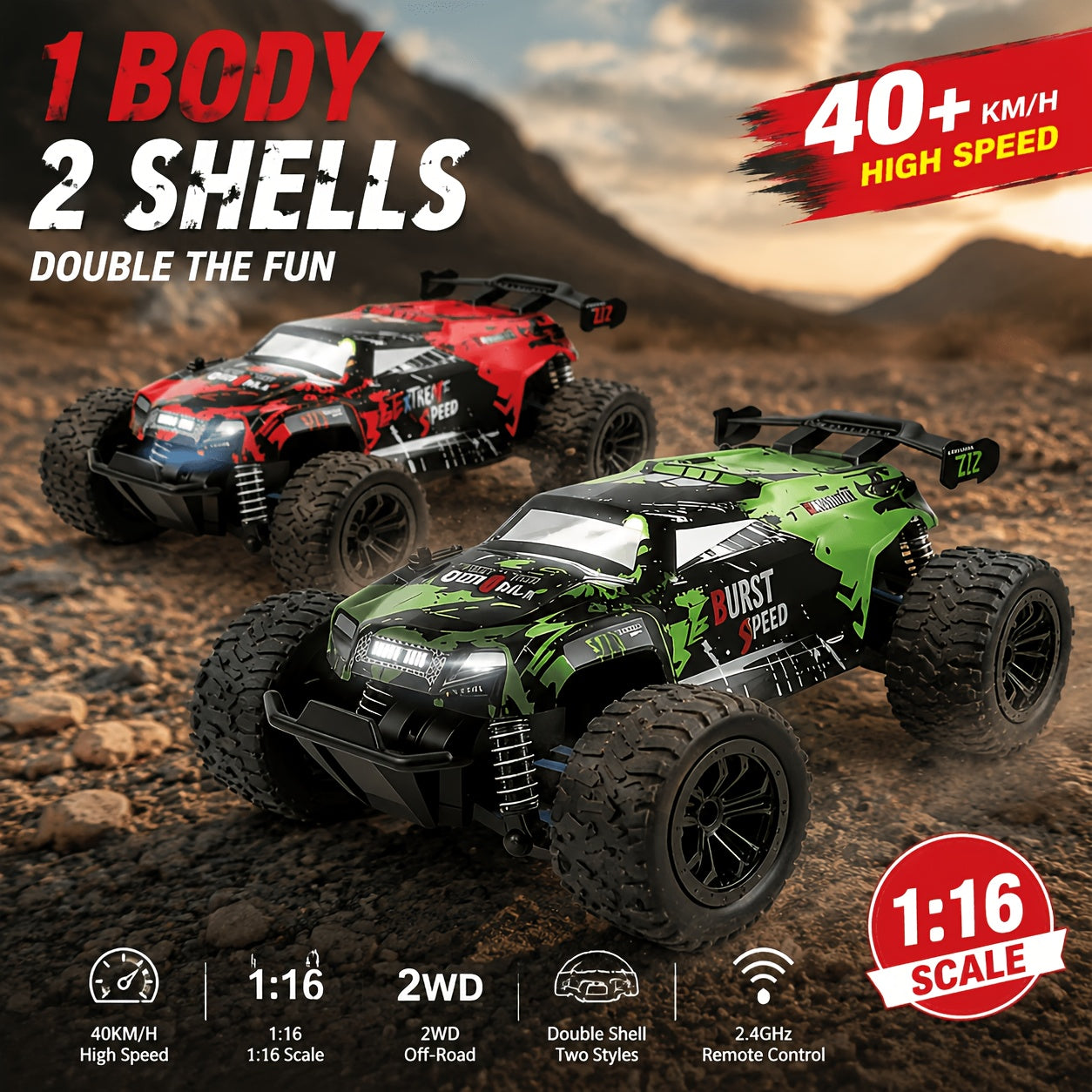 High-Speed 4WD Off-Road RC Truck 40KM/H+ Racing Class All-Terrain Remote Control Car with 2.4GHz Controller – Fast RC Vehicle Gift for Boys Kids Ages 3+