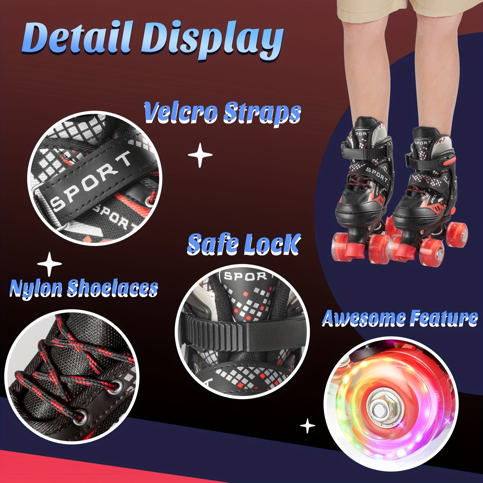 Light Up Roller Skates for Boys Kids Adjustable 4 Sizes LED Wheels Beginner Outdoor Skating Shoes Toddler Youth Ages 3 4 5 6 Birthday Christmas Gift