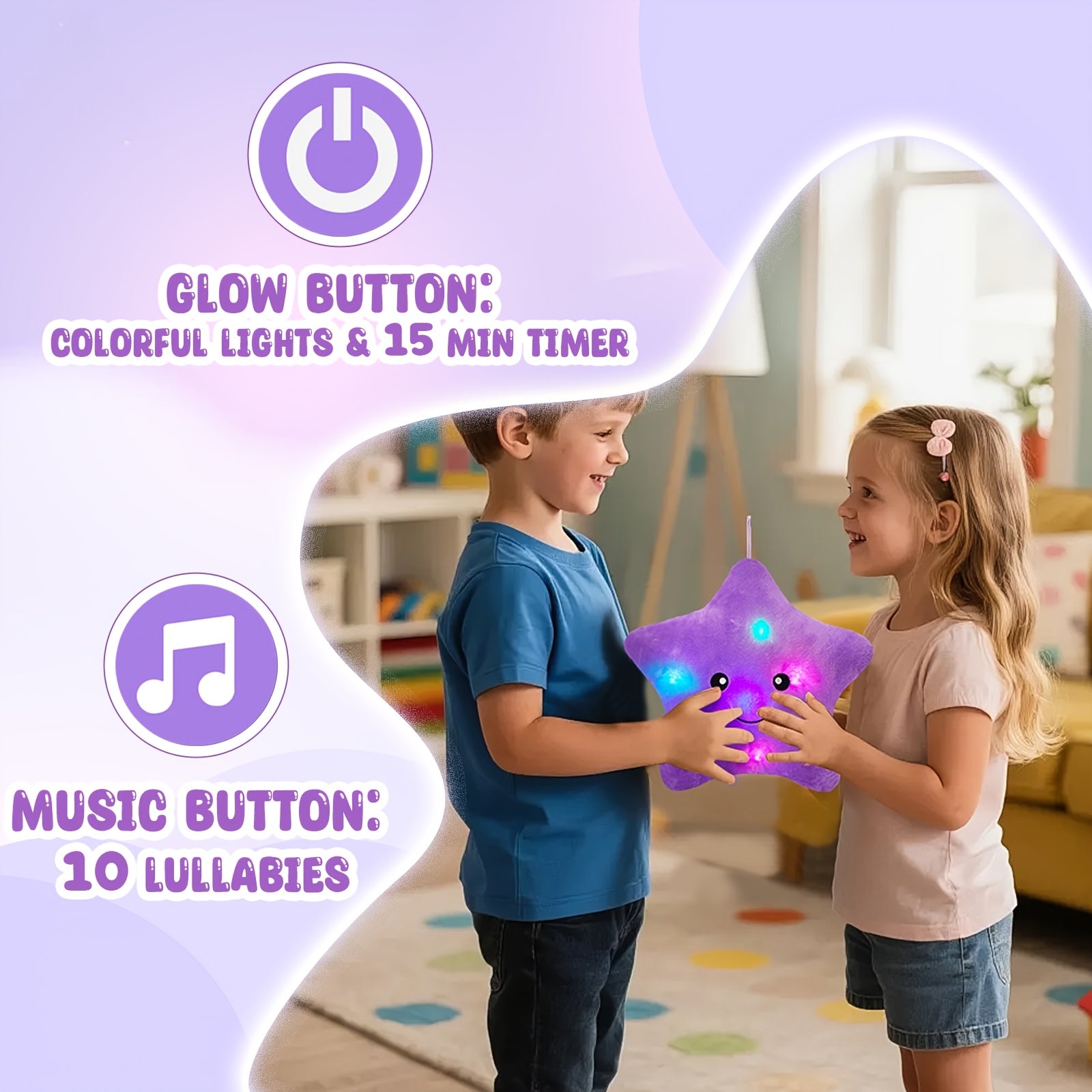 Musical Glowing Purple Star Plush Toy – Lullaby & Soft Starlight Night Light, Cozy Stuffed Star Plushie for Baby Toddler Bedroom, Birthday Baby Shower Holiday Gift for Kids Boys Girls