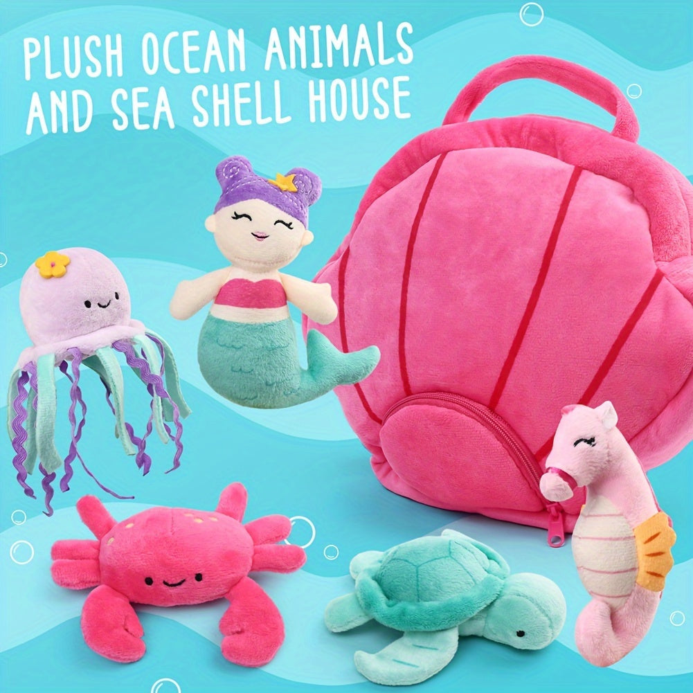 Ocean Stuffed Animal Set 5PCS – Sea Creature Plush Toys with Shell Carrying Bag, Mermaid Turtle Octopus Seahorse Crab Plushies for Kids, Birthday Christmas Gift for Girls Boys