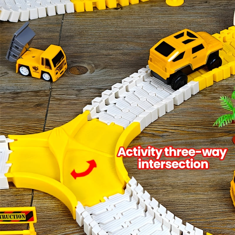 Kids Electric Track Car Toy Set Engineering Race Track with Elevated Bridge Tunnel Roller Coaster Scene Building Assembly – Birthday Gift Boys Girls Ages 3-8