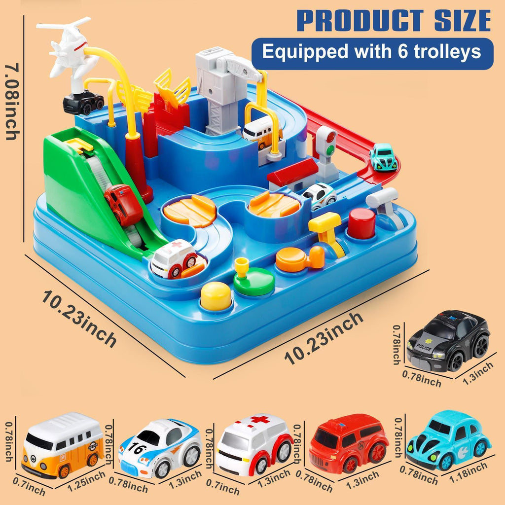 Kids Manual Race Track Playset 8-Level with 6 Mini Cars – Car Adventure Toy with Helicopter, Parking Lot, Sliding Rail & Checkpoint, No Battery Needed, Birthday Gift for Boys Girls Toddlers