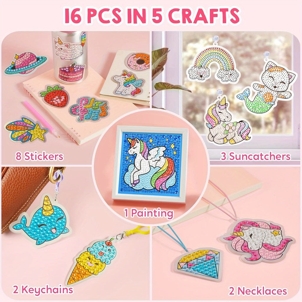 Gem Painting Kit for Kids 16 Projects 5D Diamond Art Craft Set with 2800+ Gems Suncatchers Keychains Necklaces Stickers Gift for Girls Ages 6+ Birthday Christmas Easter