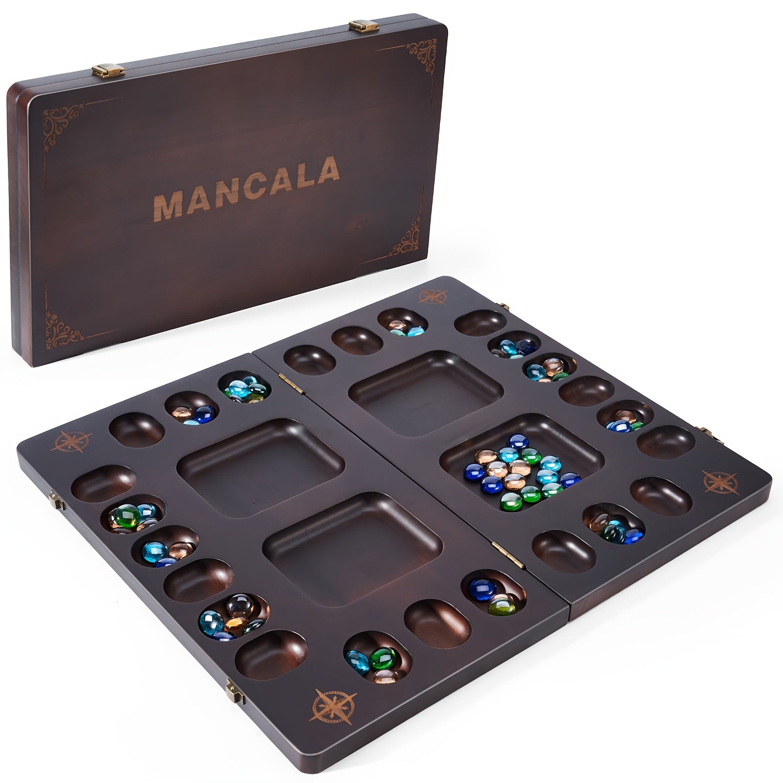 Mancala Board Game Set 4-Player Luxury Solid Wood Folding Board – 96+12 Bonus Multicolor Glass Stone Beads, Instructions Included, Classic Family Strategy Game Gift for Kids Adults Halloween Christmas
