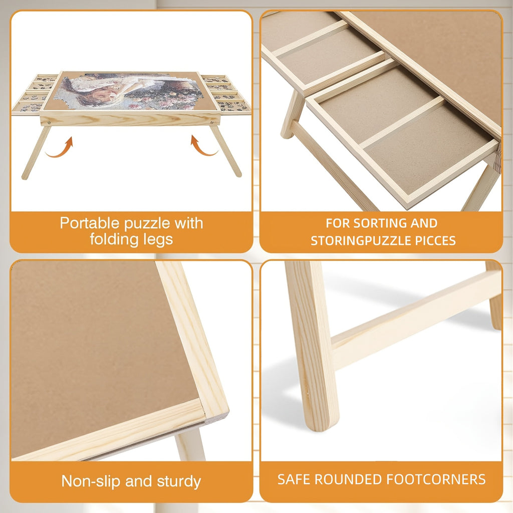 Wooden Puzzle Table Folding Legs 4 Drawers 16 Sorting Grids Portable 1000 Piece Jigsaw Puzzle Board Storage Organizer for Adults Kids School Supplies Gift