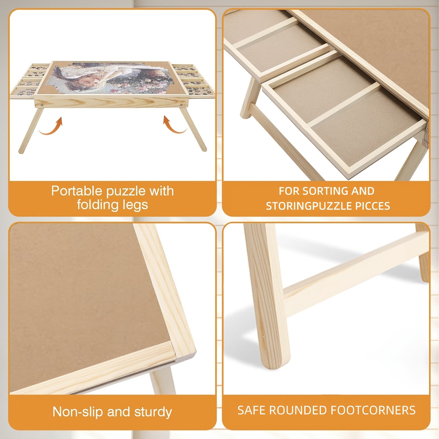 Wooden Puzzle Table Folding Legs 4 Drawers 16 Sorting Grids Portable 1000 Piece Jigsaw Puzzle Board Storage Organizer for Adults Kids School Supplies Gift