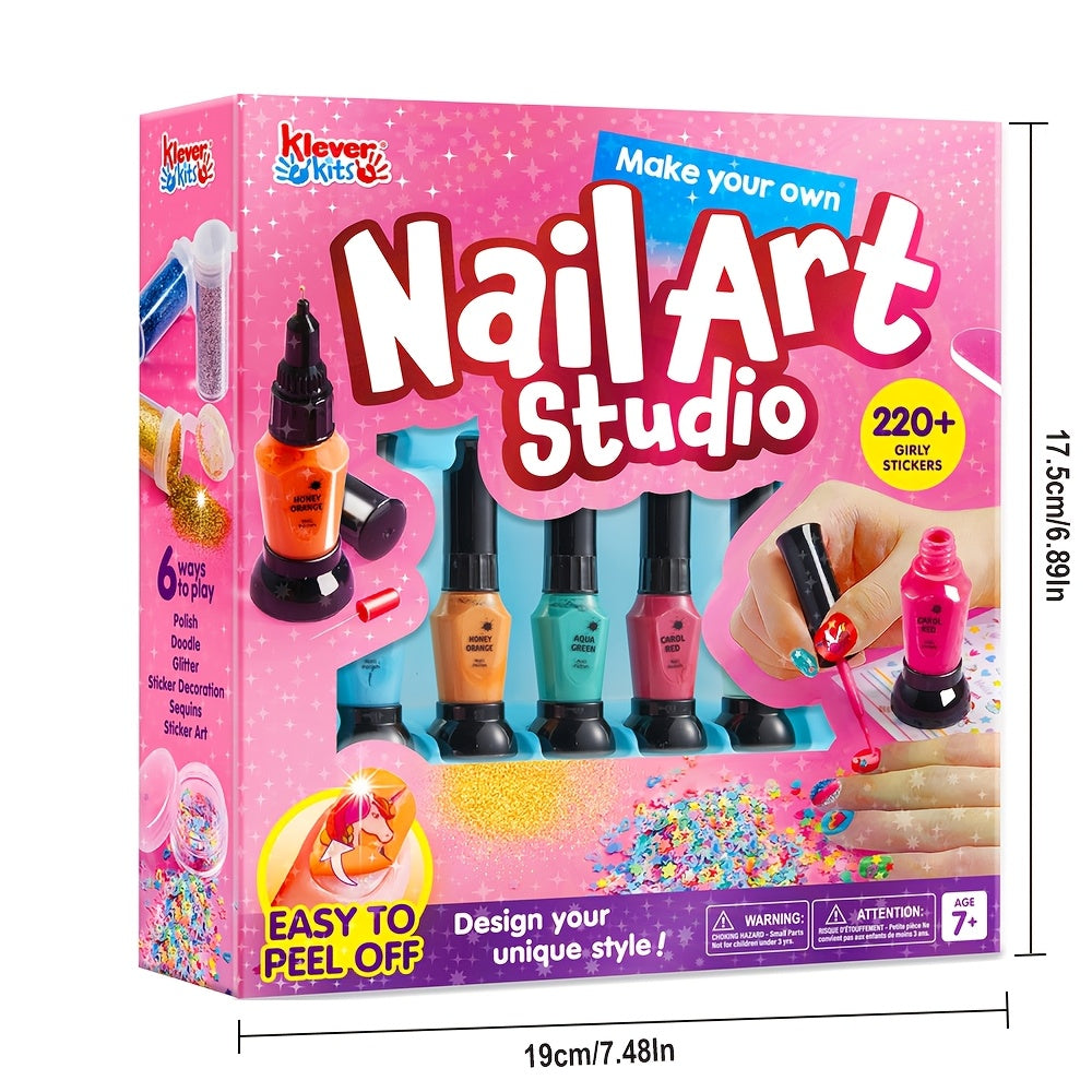 Kids Nail Polish Art Kit for Girls - Non-Toxic Nail Studio with 6 Color Polishes, Glitter, 220+ Stickers & Sequins - Creative Birthday Christmas Gift for Girls Ages 7+