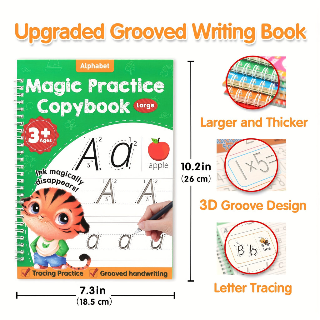 Magic Grooved Handwriting Practice Book for Kids Reusable Tracing Workbook Letters Numbers Drawing Ages 3-8 Kindergarten Preschool Learning Gift