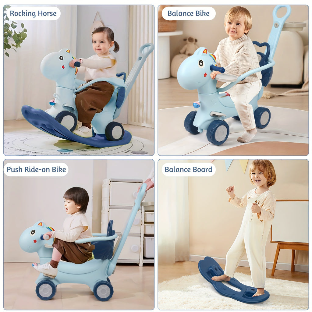 4-in-1 Rocking Horse with Basketball Hoop & Safety Push Rod for Toddlers 1+ – Ride-On Bike, Balance Bike & Balance Board, Indoor Outdoor Baby Balance Toy, Birthday Gift Boys & Girls