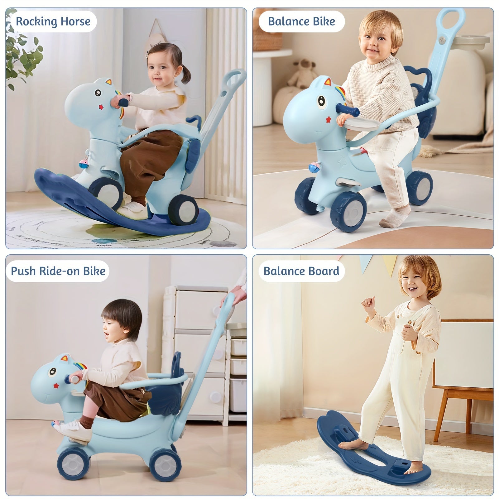 4-in-1 Rocking Horse with Basketball Hoop & Safety Push Rod for Toddlers 1+ – Ride-On Bike, Balance Bike & Balance Board, Indoor Outdoor Baby Balance Toy, Birthday Gift Boys & Girls