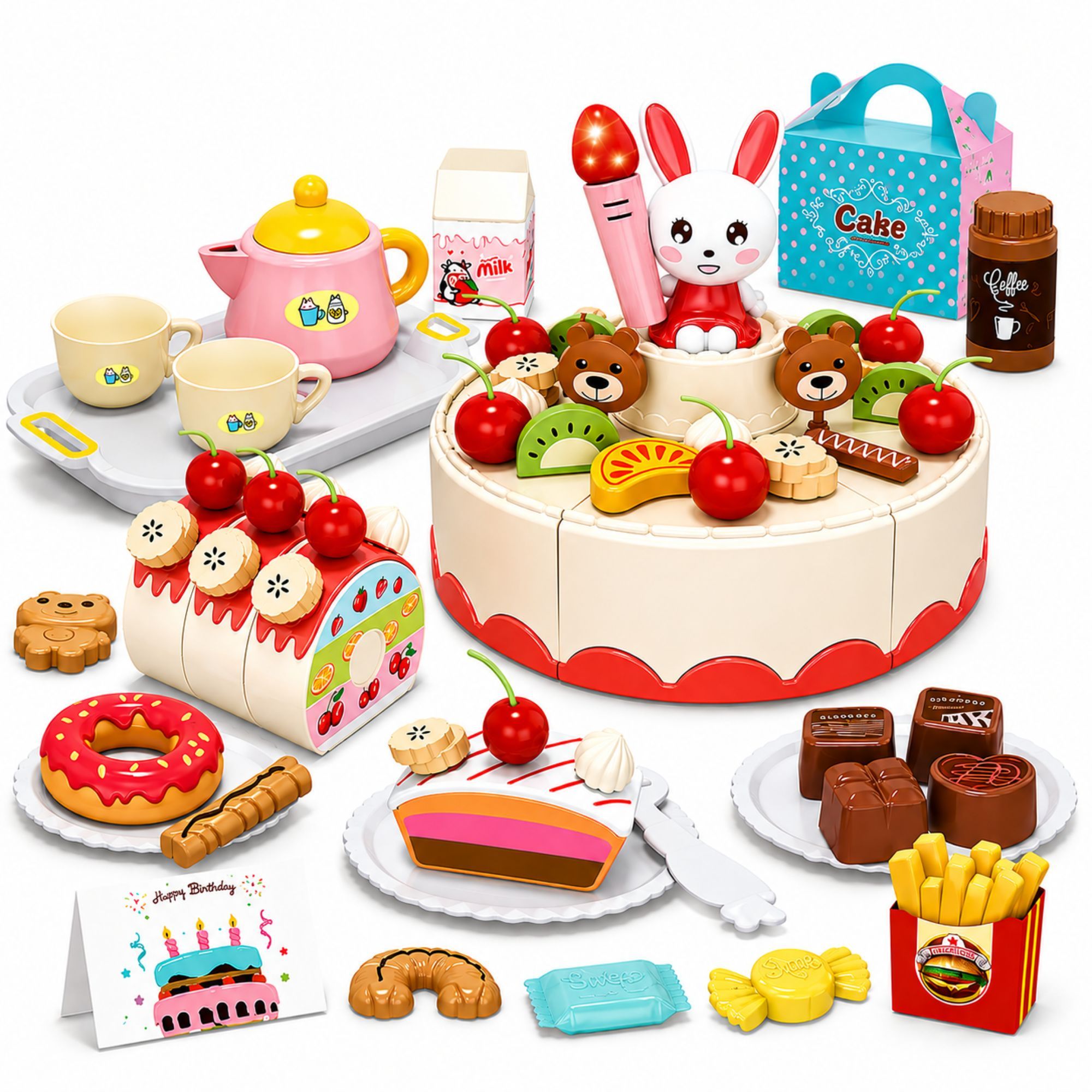 Birthday Cake Tea Party Play Food Toy Set Kids Pretend Play Cake Decorating Dessert Accessories 75-85pcs Girls Ages 3+