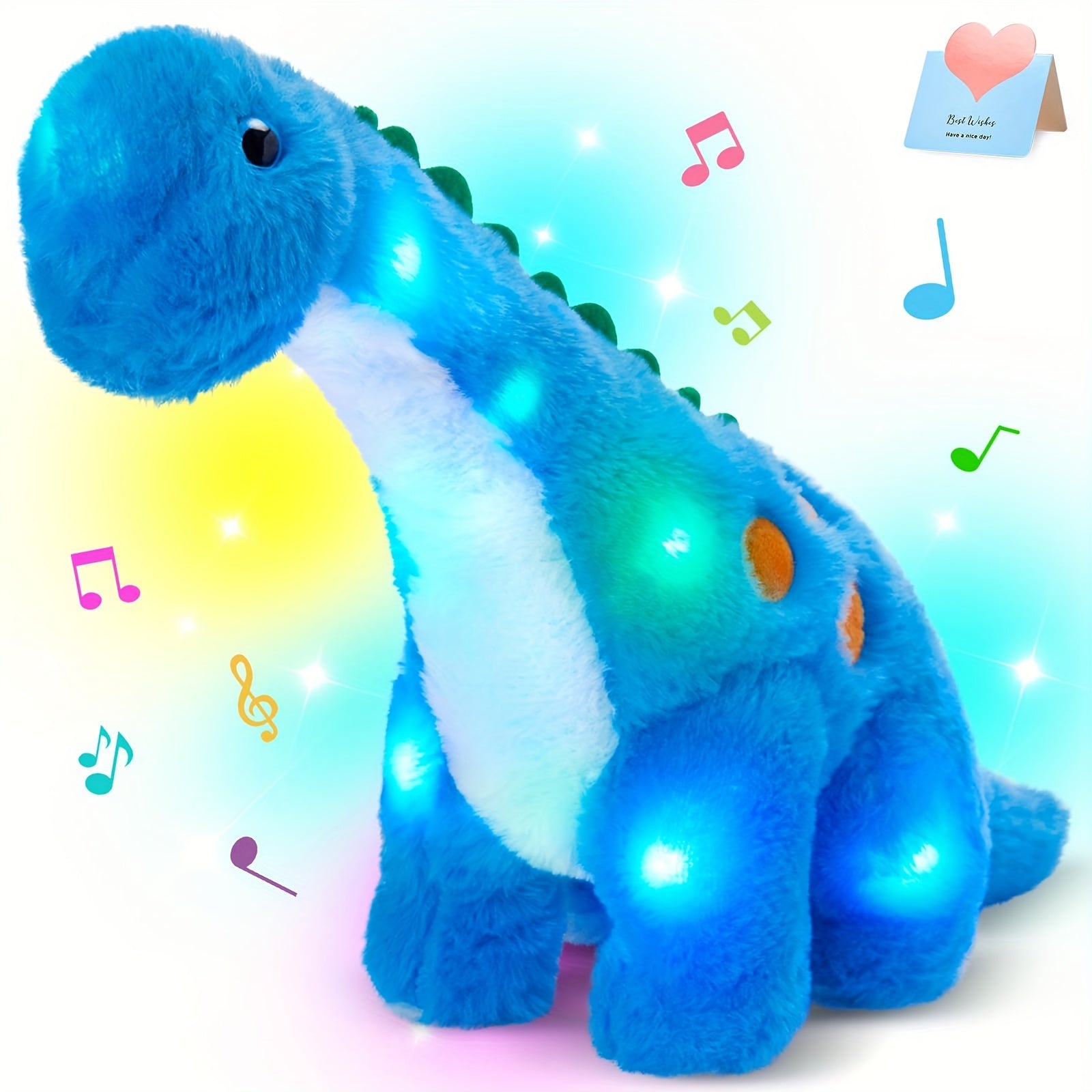 Musical Glowing Dinosaur Stuffed Animal Plush Toy 14 Inch with Light Up & Sound Effects - Soft Cute Dino Plushie Gift for Kids Boys Girls, Birthday Holiday Christmas Gift, Stress Relief Sensory Toy