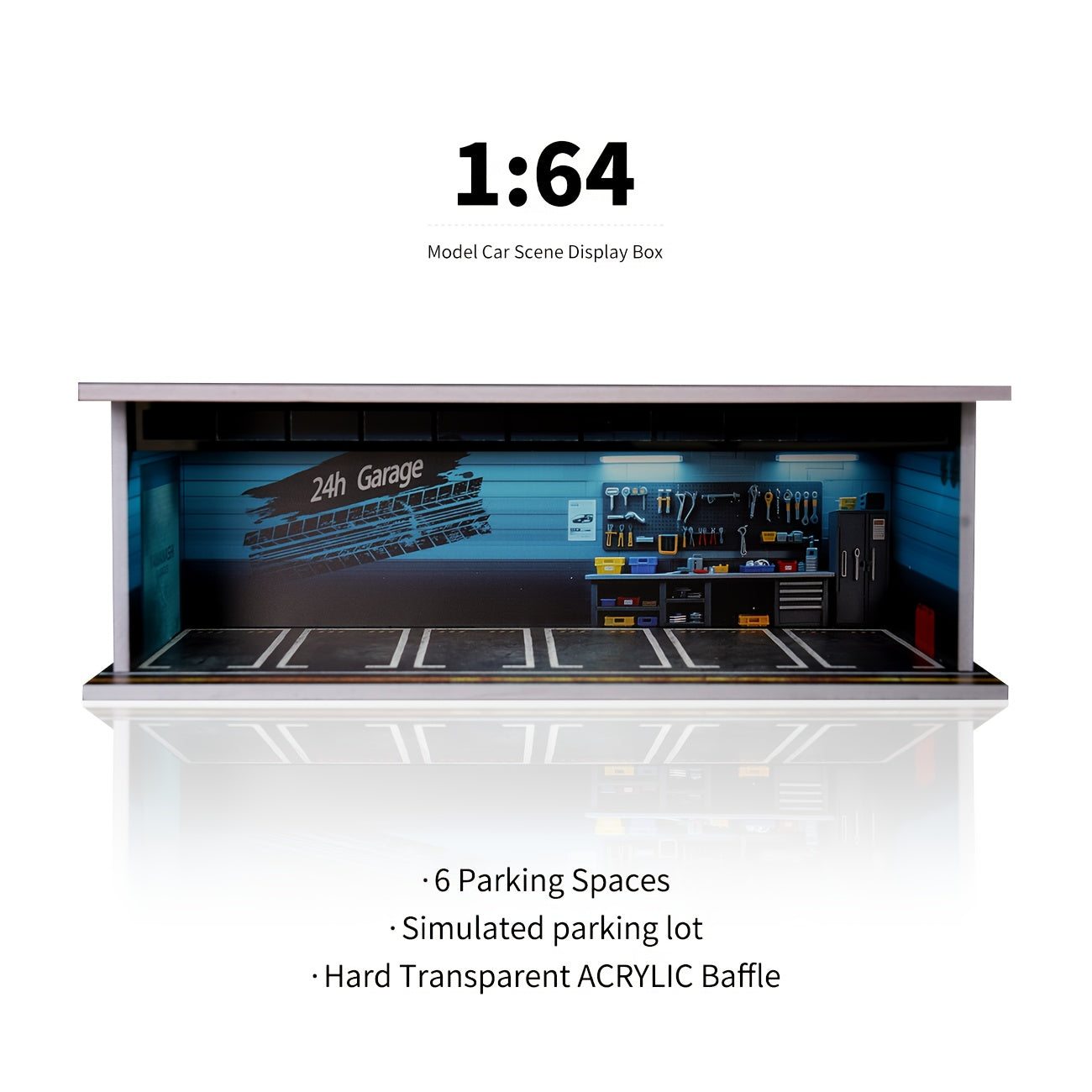 Diecast Display Case 1/64 Scale with LED Light & Acrylic Cover, 6-Space Parking Garage Diorama for Die-Cast Model Cars, Collector Showcase Gift for Car Enthusiasts