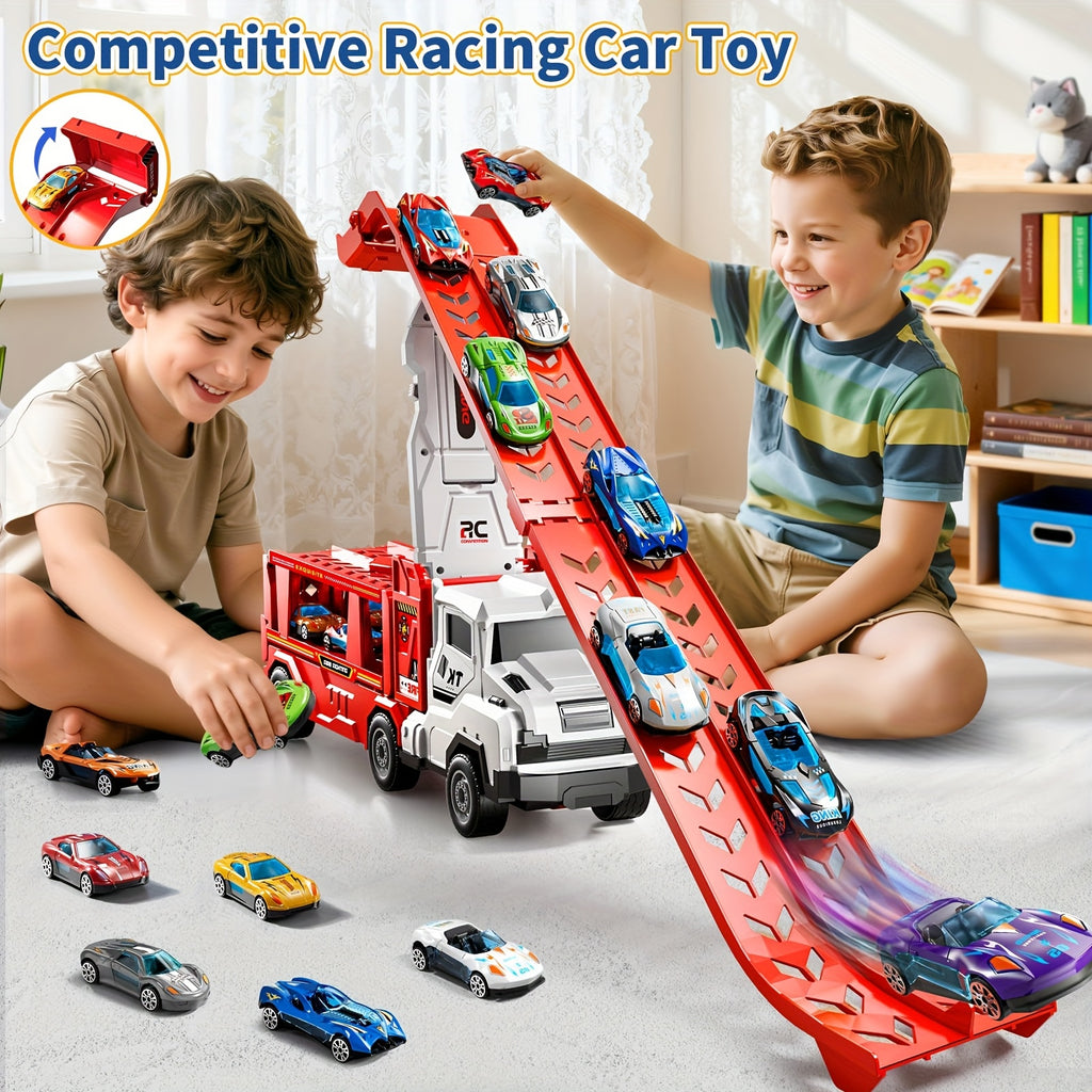 3-in-1 Kids Carrier Truck Toy with Car Tracks, 12 Racing Cars, Foldable Race Track & Garage – Toddler Birthday Gift for Boys Girls Ages 3+, Red