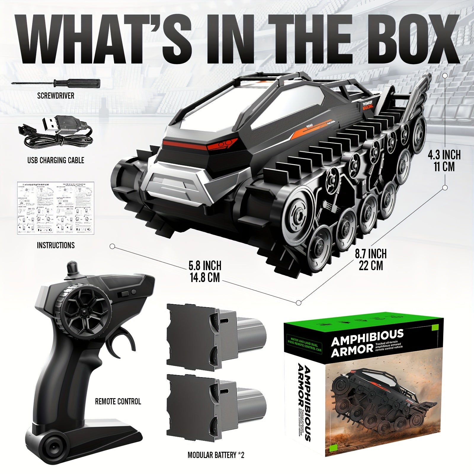 Amphibious RC Tank with 2 Battery Packs High Horsepower Off-Road Drifting Climbing Remote Control Car – All-Terrain Land & Water RC Vehicle for Boys Kids Christmas Halloween Gift