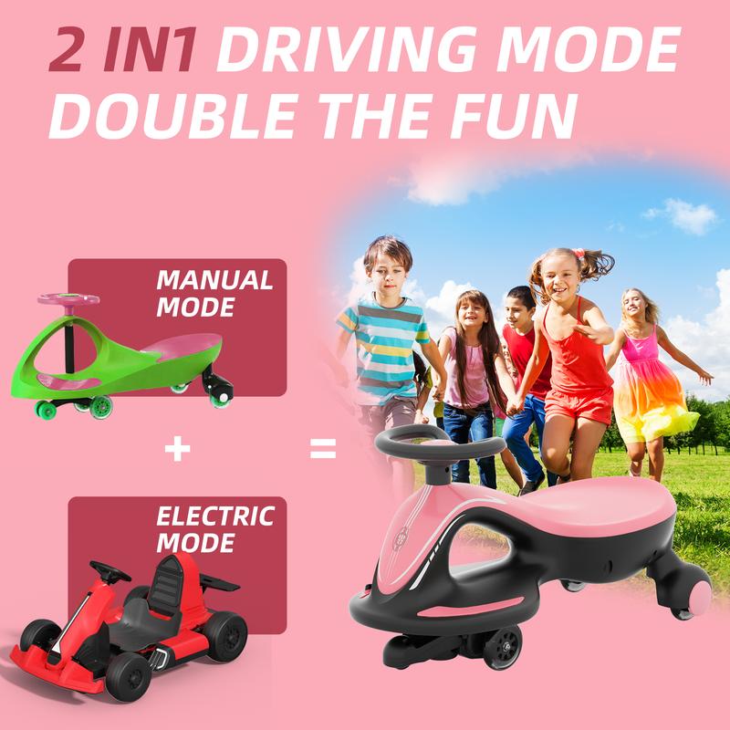 2-in-1 Electric Wiggle Car, KORIMEFA Rechargeable Kids Ride-On with Manual Mode, Light-Up PU Wheels, 360° Steering & 66 lb Capacity