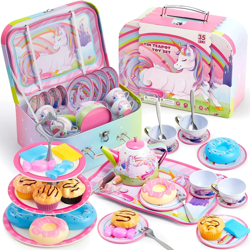Unicorn Tea Party Set for Girls 35 Piece Tin Teapot Cups Plates Desserts Cake Stand Carrying Case Princess Pretend Play Kitchen Toy Kids Age 3+ Birthday Easter Christmas Gift