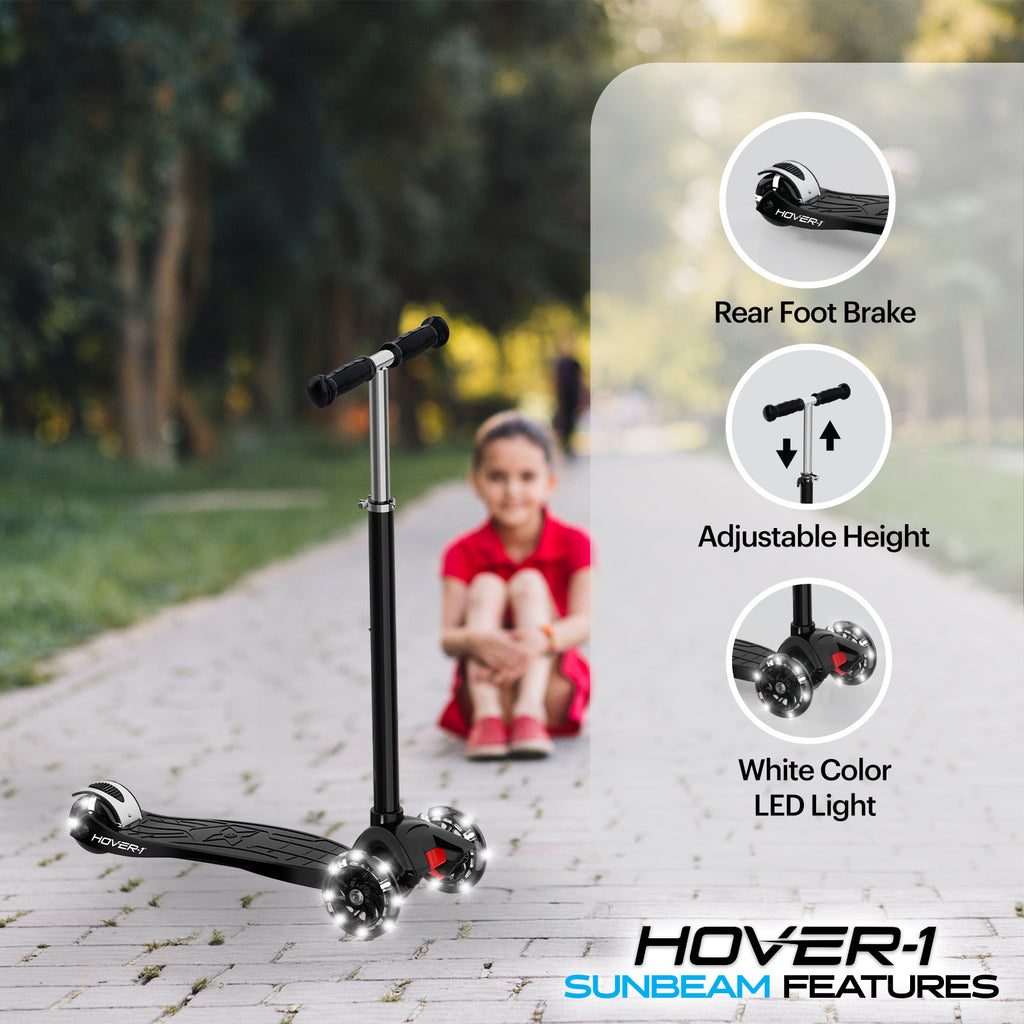Hover-1 Sunbeam Kids Kick Scooter with Multicolor LED Wheel Lights – 3-Wheel Adjustable Height, 110 lb Capacity, Rear Foot Brake for Boys & Girls