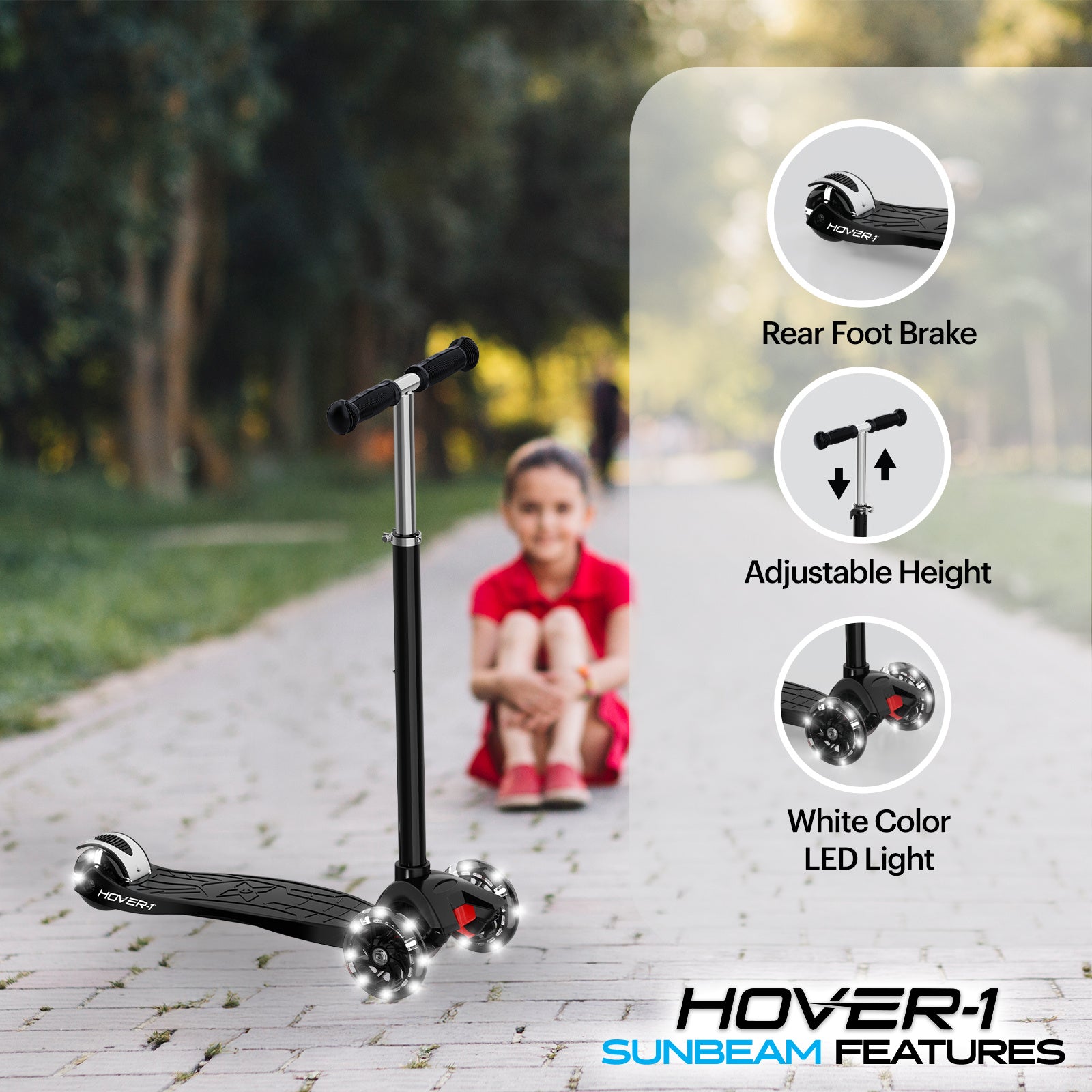 Hover-1 Sunbeam Kids Kick Scooter with Multicolor LED Wheel Lights – 3-Wheel Adjustable Height, 110 lb Capacity, Rear Foot Brake for Boys & Girls
