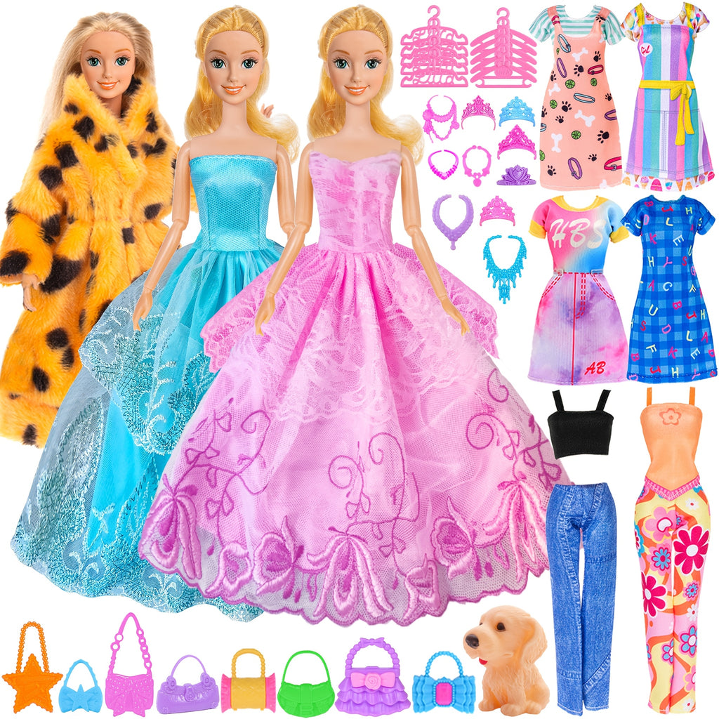 50-Piece Doll Clothes and Accessories Set for 11.5 Inch Fashion Dolls - Princess Dresses Outfits Shoes Fur Coat Jewelry, Complete Doll Wardrobe Gift for Girls Ages 3+, Birthday Christmas Easter Gift
