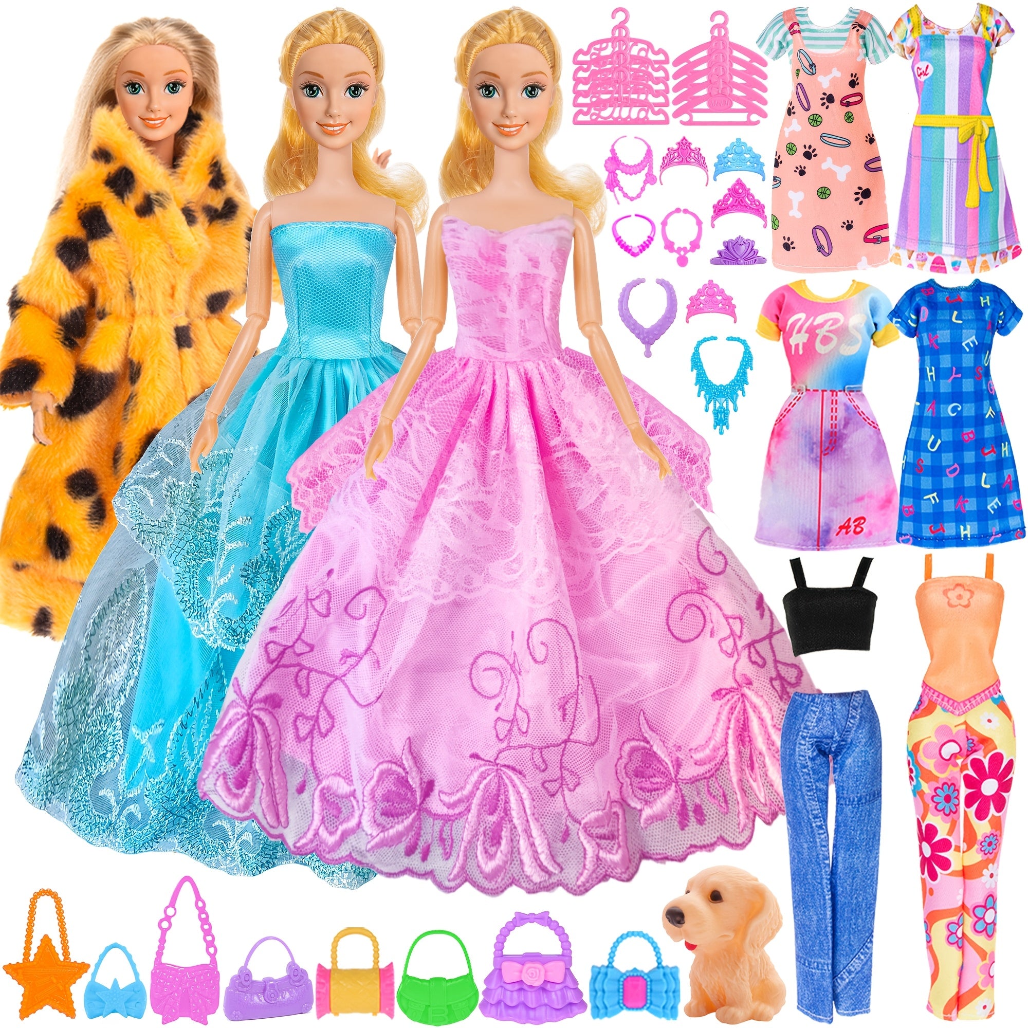 50-Piece Doll Clothes and Accessories Set for 11.5 Inch Fashion Dolls - Princess Dresses Outfits Shoes Fur Coat Jewelry, Complete Doll Wardrobe Gift for Girls Ages 3+, Birthday Christmas Easter Gift