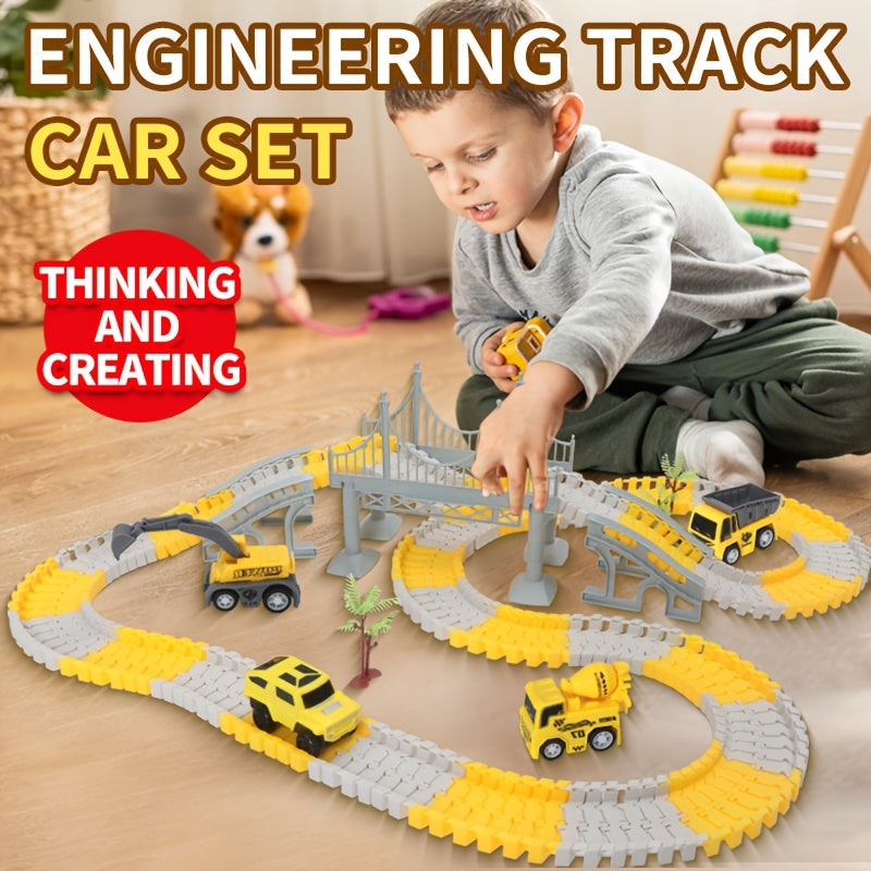 Kids Electric Track Car Toy Set Engineering Race Track with Elevated Bridge Tunnel Roller Coaster Scene Building Assembly – Birthday Gift Boys Girls Ages 3-8