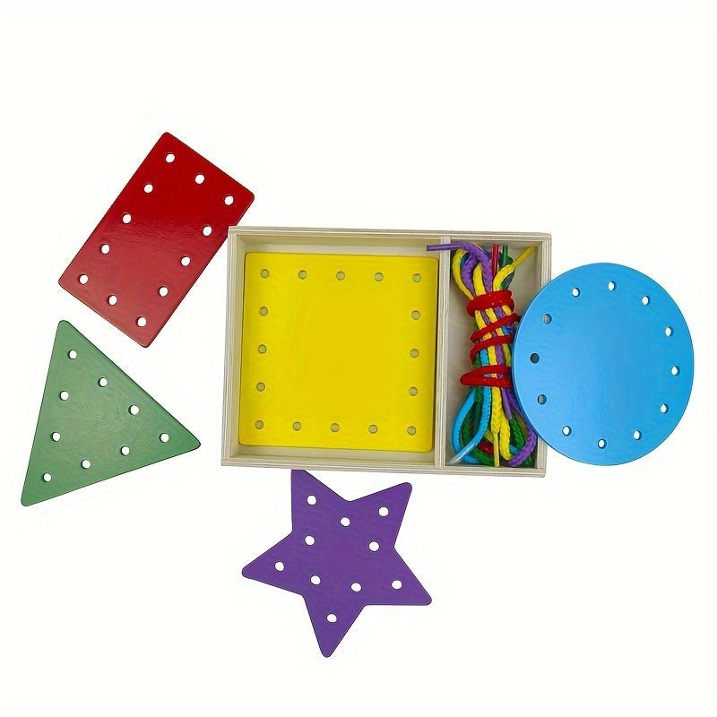 Wooden Lacing Cards for Toddlers – 5-Piece Double-Sided Shape Threading Toy Set in Box, Montessori Fine Motor Skill Activity Toy for Kids Ages 2+