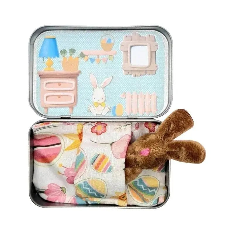 Mini Bunny Adoption Set Pocket Dollhouse Bunnies with Accessories in Decorative Tin Box – 4 Styles Easter Basket Gift Miniature Collector Toy Ages 3+