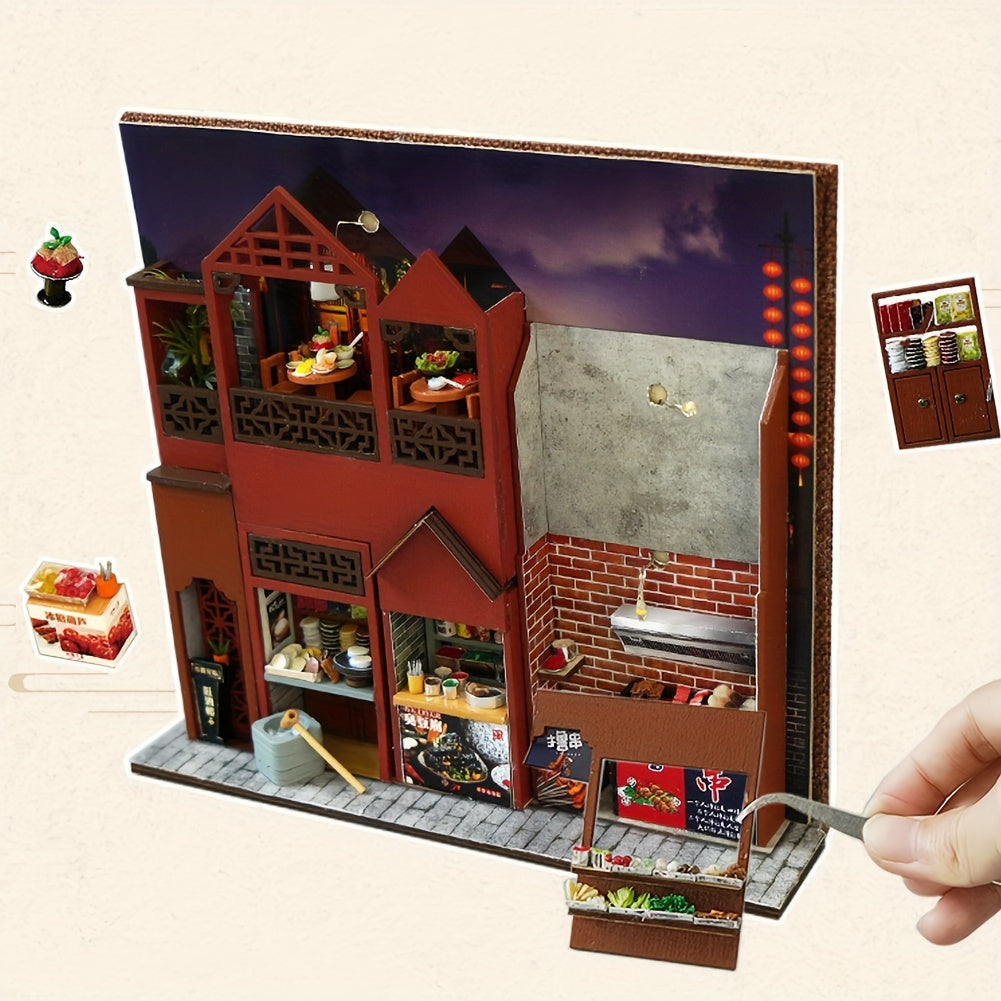 Book Nook Kit DIY Miniature Chinese Food Street – 3D Wooden Puzzle Bookshelf Insert Dollhouse Home Decor Gift for Teens Adults Birthday Christmas No Glue No Battery