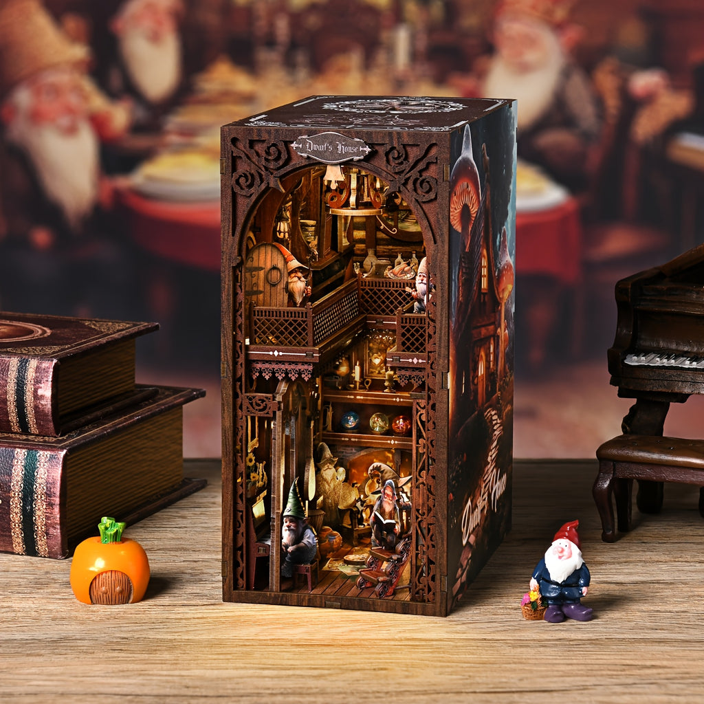 ASLOWSNAIL 3D Wooden Book Nook Kit - Dwarf House Miniature DIY Bookshelf Insert, Intricate Dark Wood Adult Puzzle & Shelf Decor, Unique Birthday 4th of July Gift for Teens Adults Ages 14+