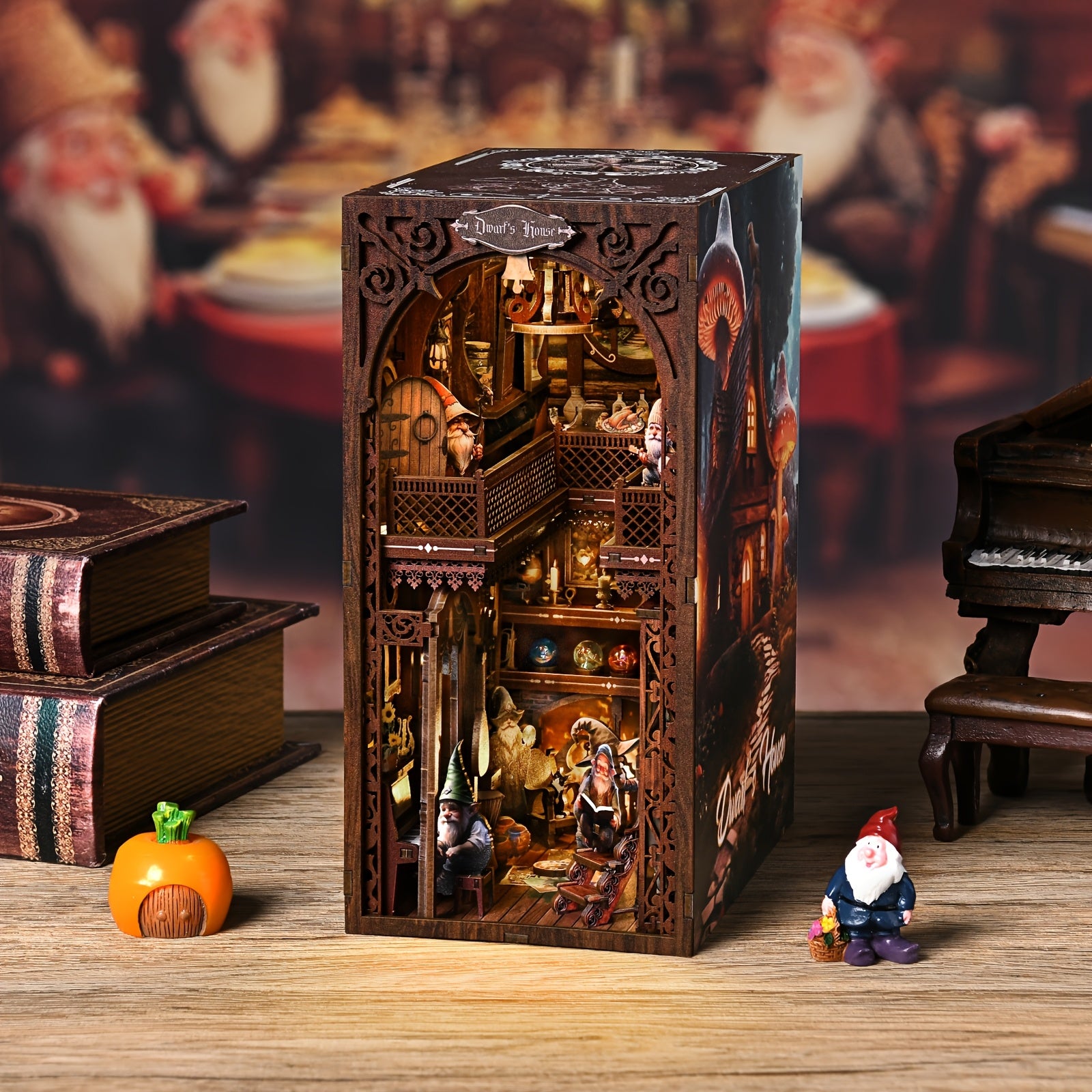 ASLOWSNAIL 3D Wooden Book Nook Kit - Dwarf House Miniature DIY Bookshelf Insert, Intricate Dark Wood Adult Puzzle & Shelf Decor, Unique Birthday 4th of July Gift for Teens Adults Ages 14+