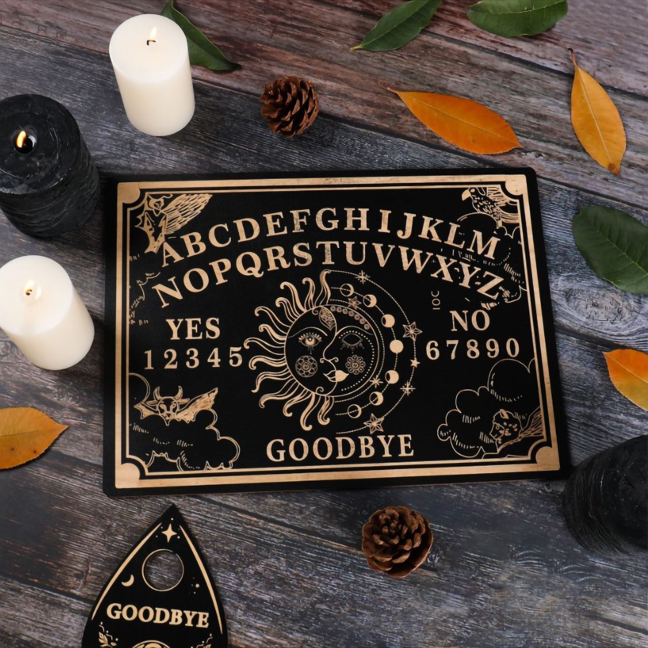 Ouija Board Wooden Psychic Set 2pcs – Handmade Carved Spiritual Guidance Divination Board Witchcraft Altar Decor Halloween Gift for Witches Moon Butterfly