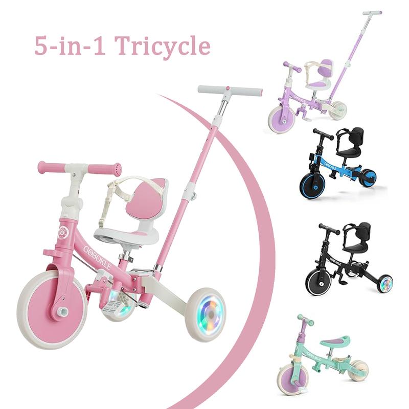 5-in-1 Toddler Tricycle with Push Handle, Bobike Convertible Balance & Pedal Bike for Ages 1-3, Adjustable Seat, Harness & Light-Up Rear Wheel