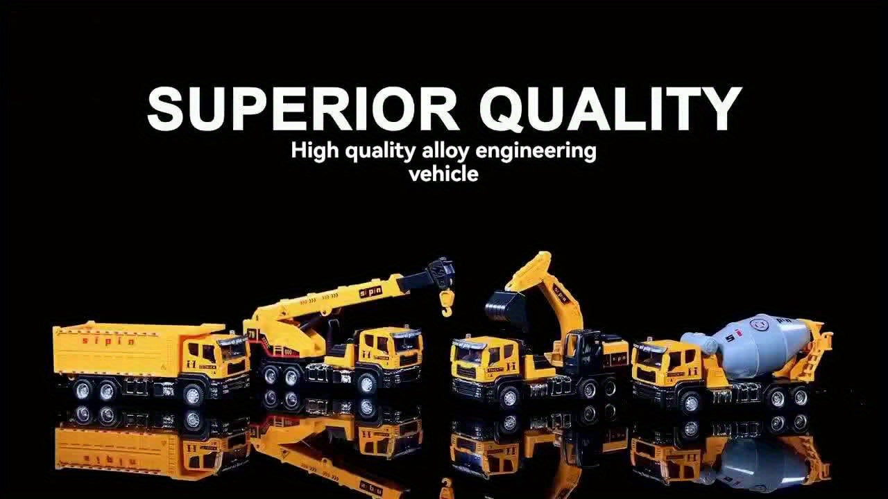 Alloy Construction Vehicles Set for Kids 5.8" – Metal Inertia Excavator Dump Truck Cement Mixer Crane Engineering Toy, No Battery Gift for Boys Ages 3+