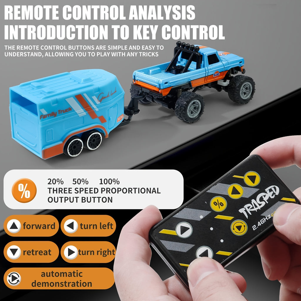 Mini RC Off-Road Truck 1/64 Scale Die-Cast with Trailer & Lights, 2.4GHz Rechargeable Climbing RC Car Adjustable Speed Pocket-Sized Palm Toy for Kids & Adults