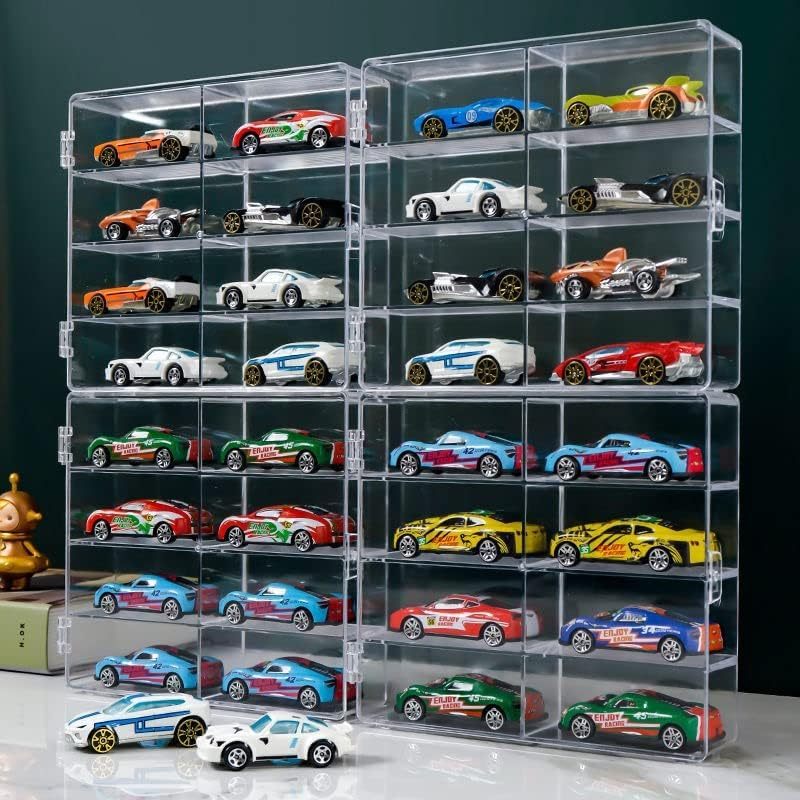 Die-Cast Car Display Case 4pcs 1/64 Scale Acrylic Holds 32 Cars - Dustproof Stackable Clear Storage Organizer for Hot Wheels Matchbox Collectors